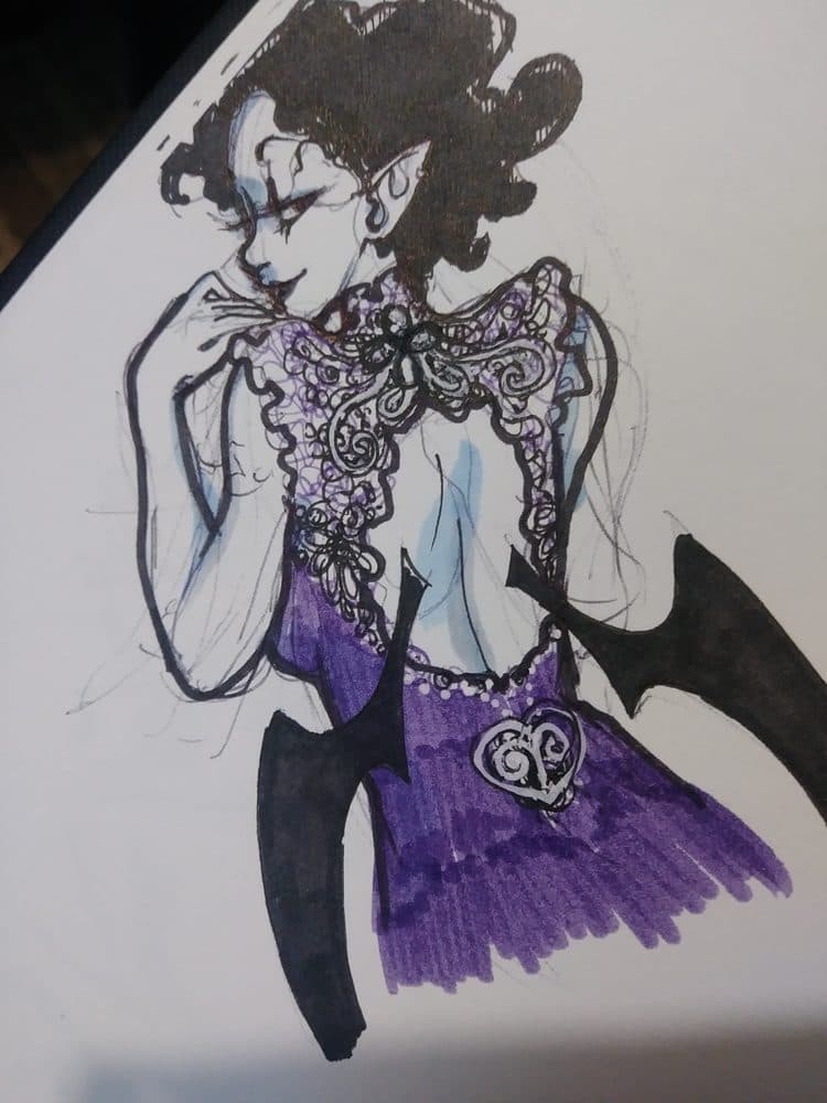 Ink and marker drawing of a winged character in a purple dress