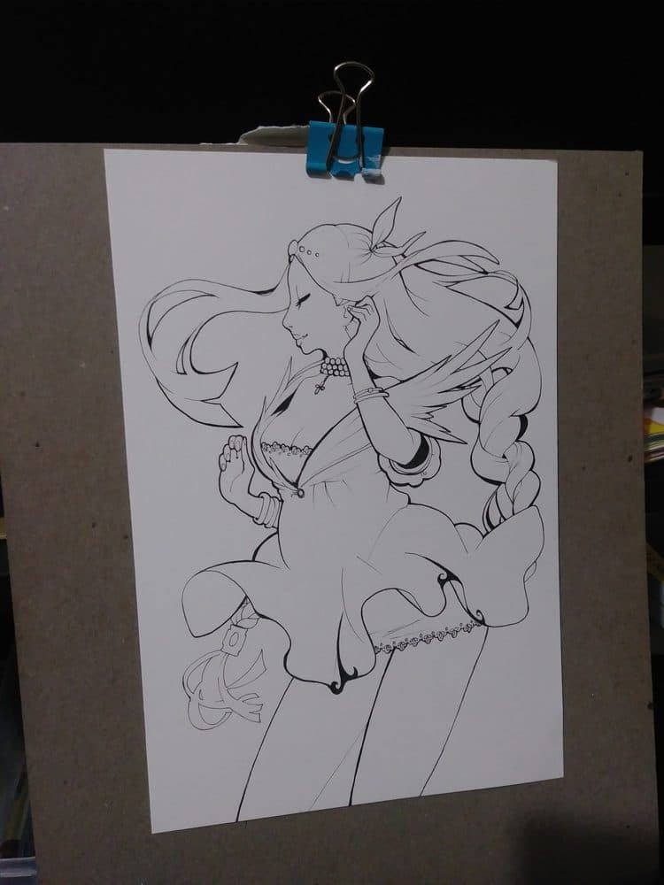 Pencil line drawing of a long-haired character, clipped to a board