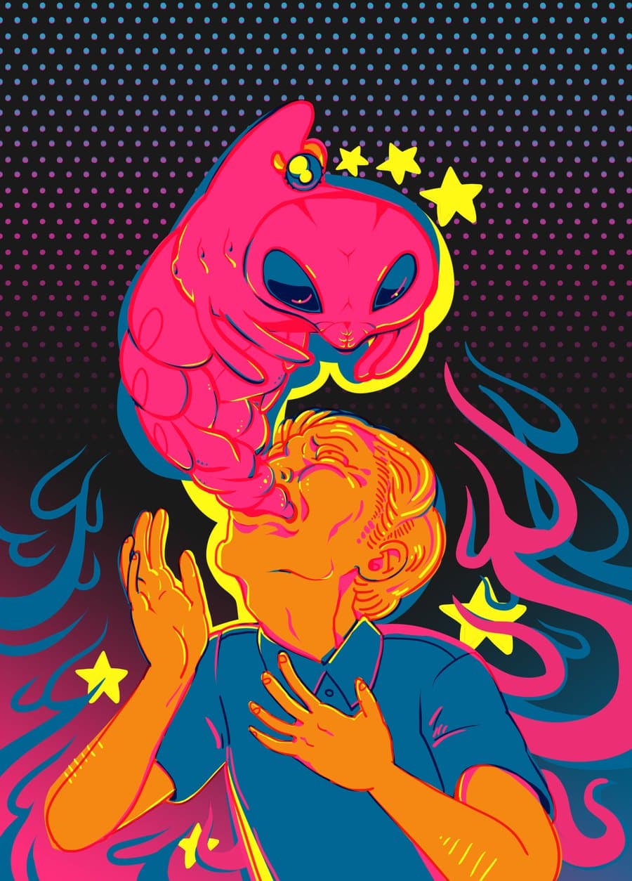Ilustración de S2V2 con el demonio Belphegor inclinado sobre una persona